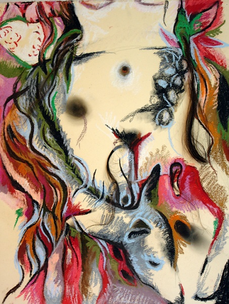 Instinct, pastel on paper with burn marks and hair, 20"x 26", 2005.
