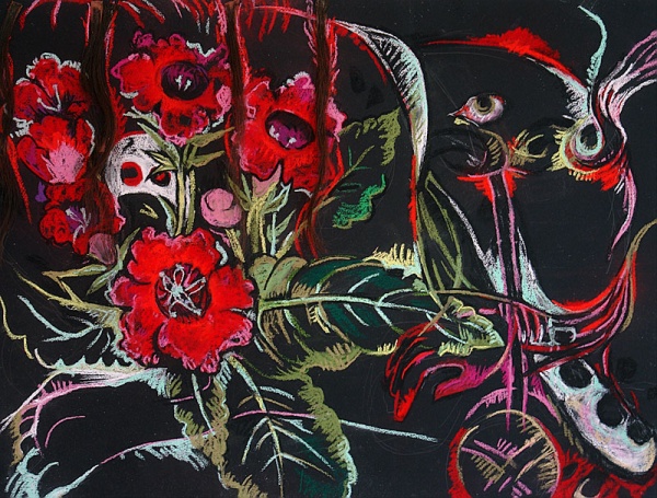Eyes of the Red Flowers, pastel on paper with hair, 2005.