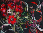 Eyes of the Red Flowers, pastel on paper with hair, 2005.