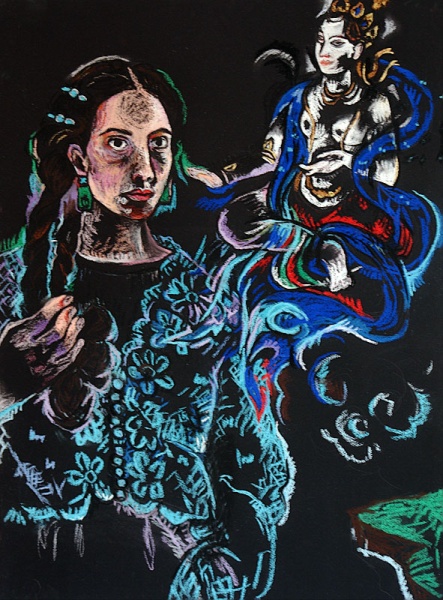 Self Portrait with Goddess, pastel on paper, 22"x 30", 2005.