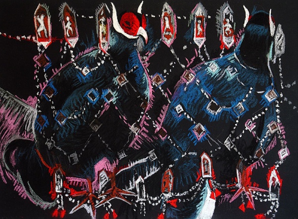Bone Skirt, pastel on paper, 30"x 22", 2004.