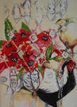 Red Blossoms Bone Skirt, pastel on paper, 22"x 30", 2004.