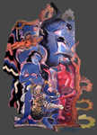 Prowl, oil on wood with crochet blanket, 82"x 52"x 4", 2007.