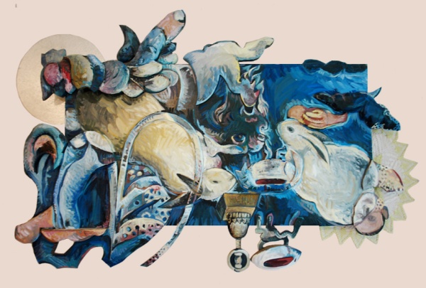 Beneath the Moon, oil on wood with found objects, 2006.