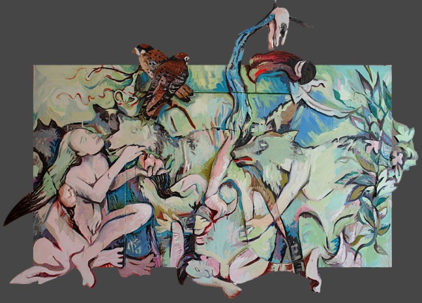 Dakini with Wolves, oil on wood, 70�x 53�x 3�, 2003.