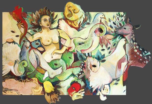 Deer, Doves and the Yellow Goddess, oil on wood, 57�x 87�x 3.5�, 2006.
