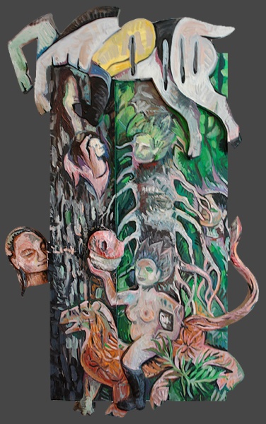 In the Forest, oil on wood, 69�x 42�x 4�, 2004.