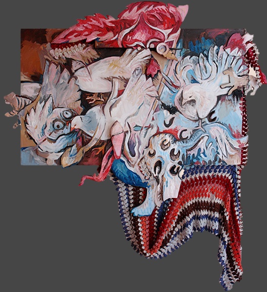 Lungta, oil on wood with crochet blanket, 60�x 54�x 4�, 2004.