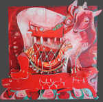 Red Deer, oil on wood with bone beads, 45"x 42"x 4", 2003.