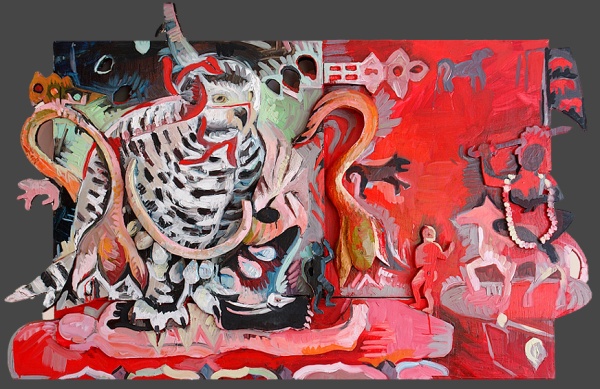 Vajra-uluka, oil on wood, 28�x 46�x 4�, 2003.