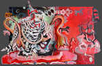 Vajra-uluka, oil on wood, 28�x 46�x 4�, 2003.
