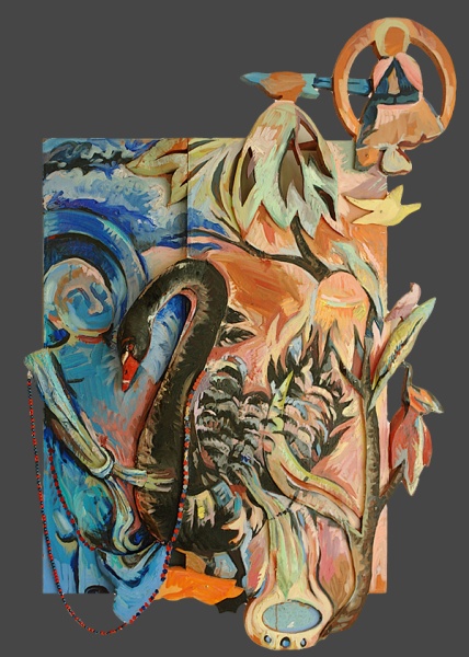 Black Swan and Virupa, oil on wood, 57�x 37�x 3�, 2003.