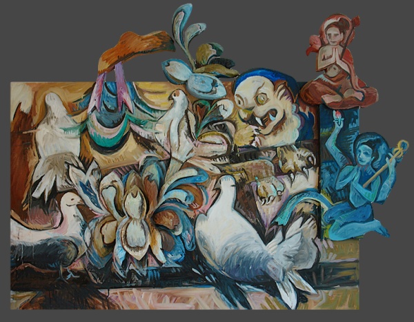 White Doves, oil on wood, 49�x 59�x 5�, 2004.