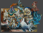 White Doves, oil on wood, 49�x 59�x 5�, 2004.